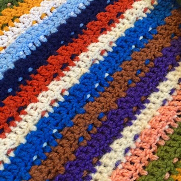 Vintage!  Handmade Crochet Stripe Reversible Blanket 63” by 50” - Picture 7 of 11